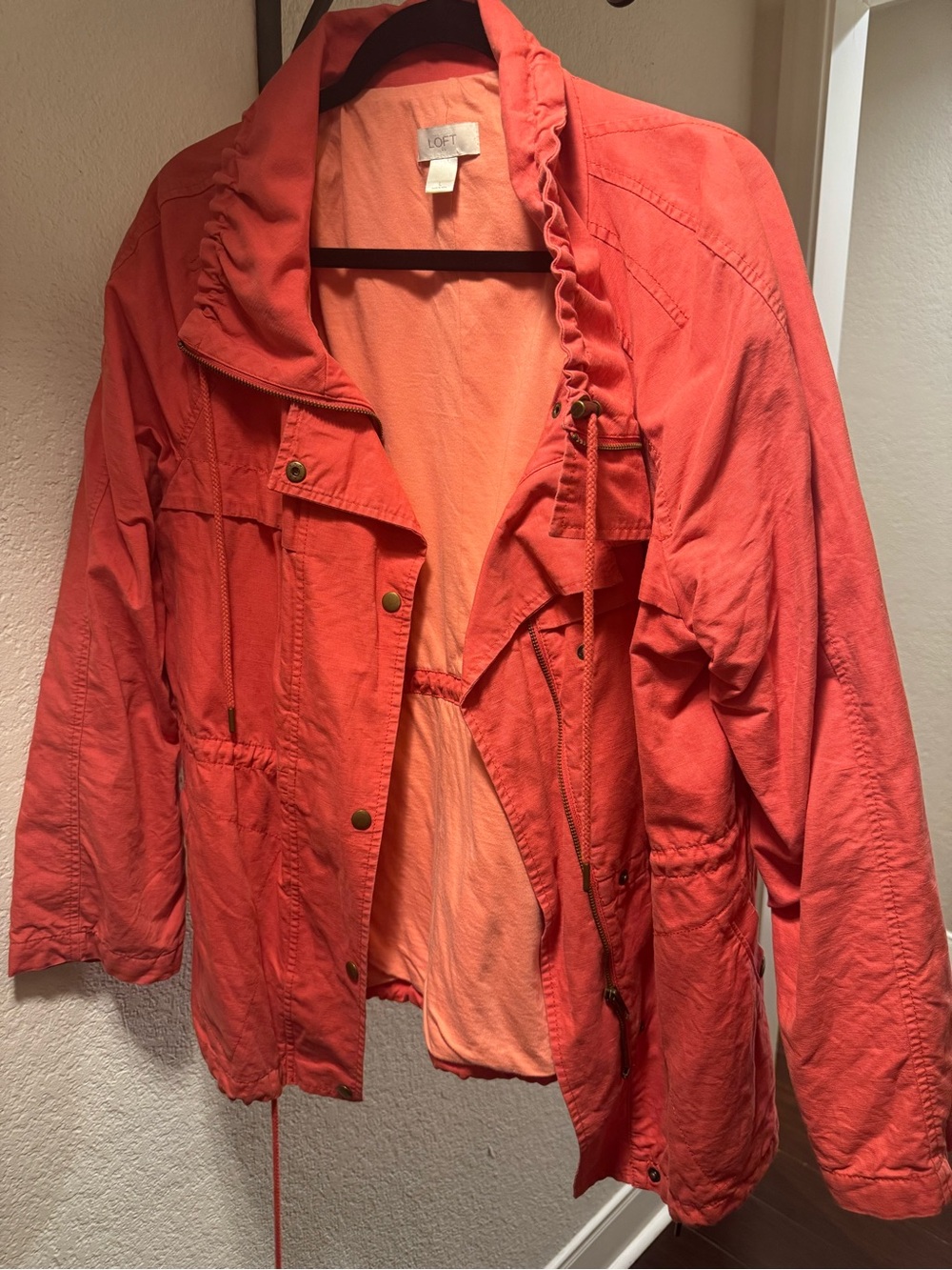 LOFT Coral-Red Utility Jacket with Ruffle Collar